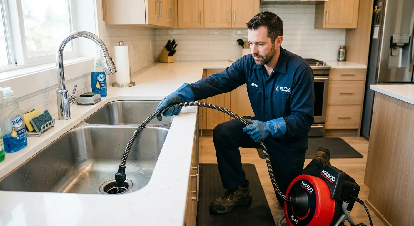 Drain cleaning technician using a motorized snake on a kitchen sink in Upper Moreland