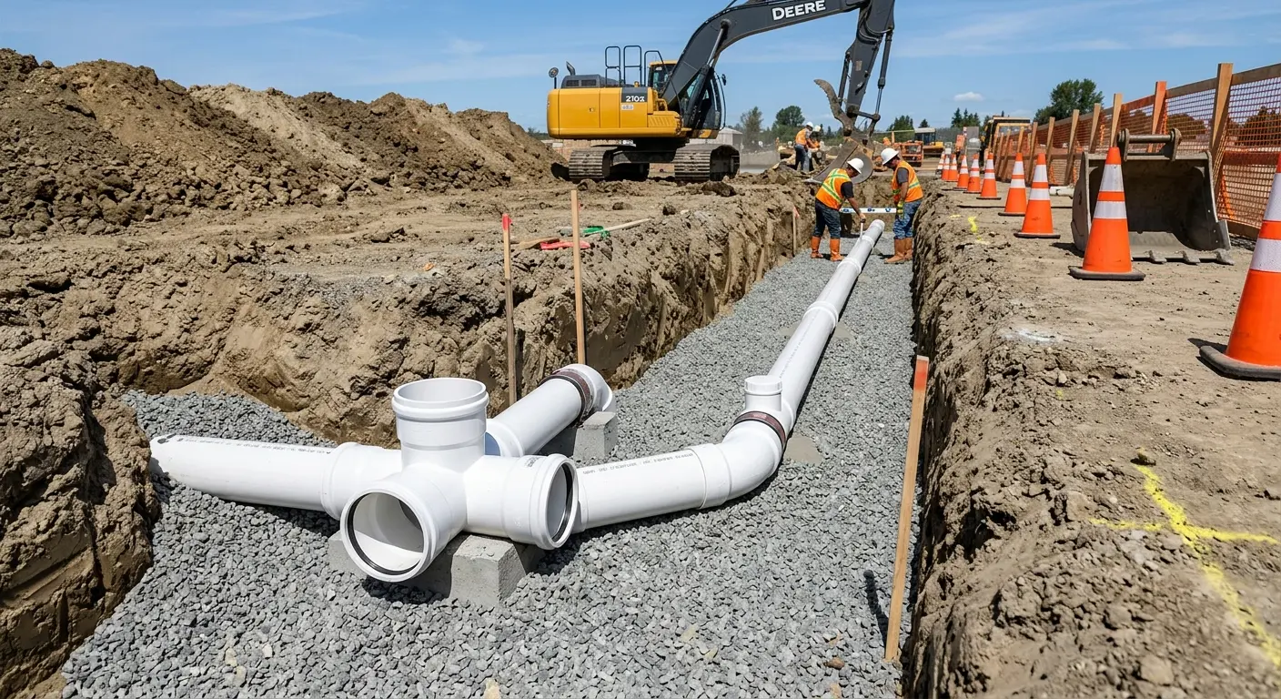 New PVC sewer pipe installation in open trench for Sewer Backup in Upper Moreland