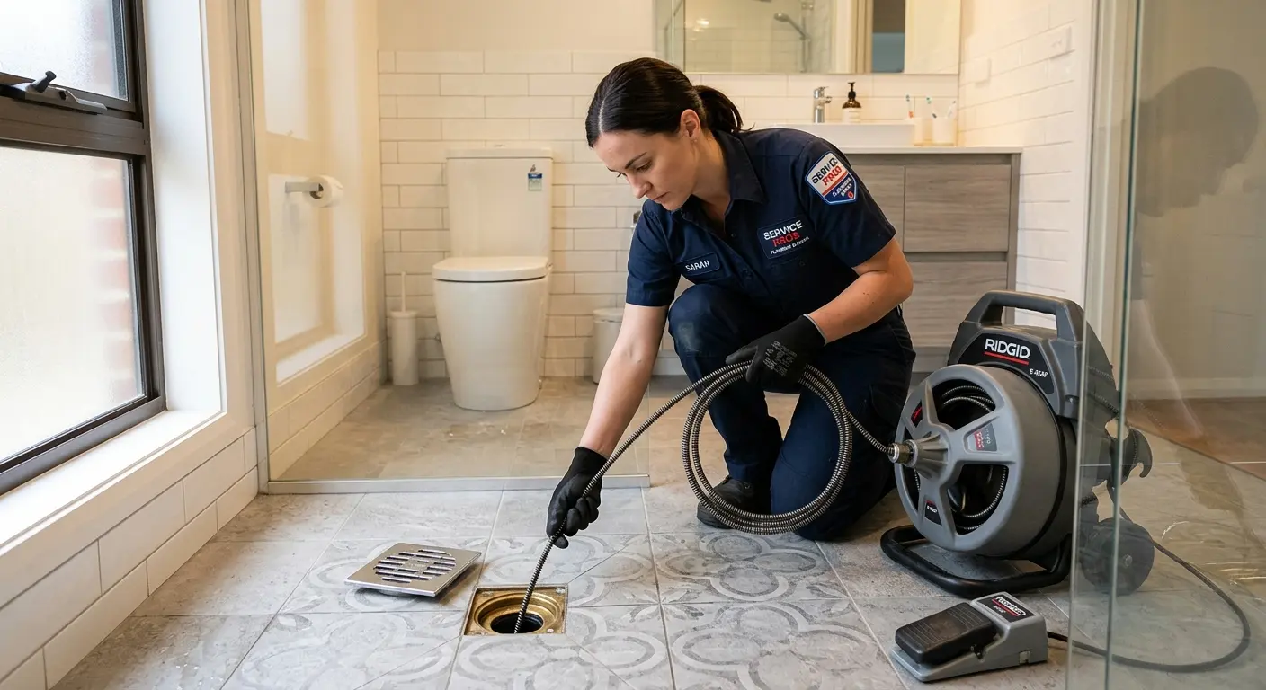 Technician clearing a bathroom floor drain for Clogged Drain Repair in Upper Moreland